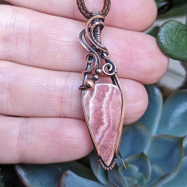 Rhodochrosite Wire Wrapped Oxidized Copper Pendant