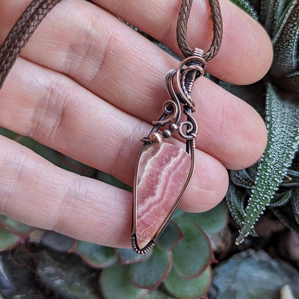 Rhodochrosite Wire Wrapped Oxidized Copper Pendant