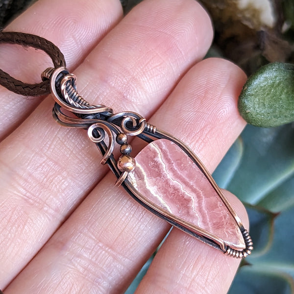 Rhodochrosite Wire Wrapped Oxidized Copper Pendant