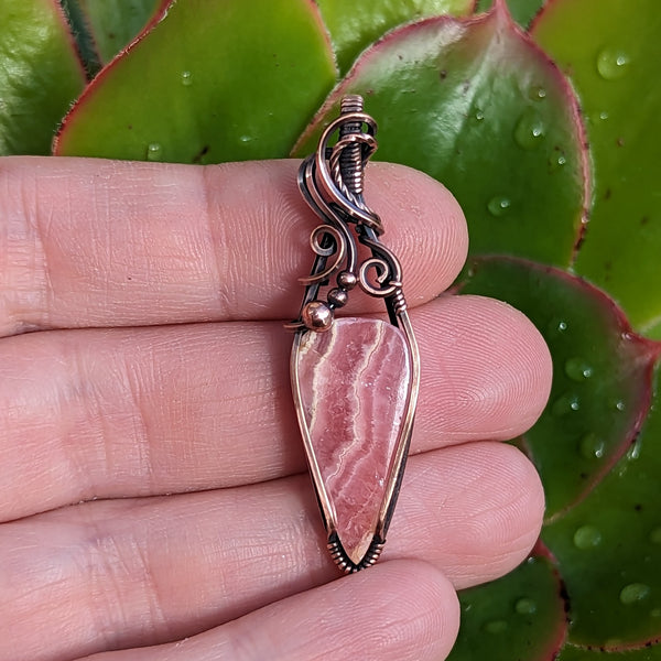 Rhodochrosite Wire Wrapped Oxidized Copper Pendant
