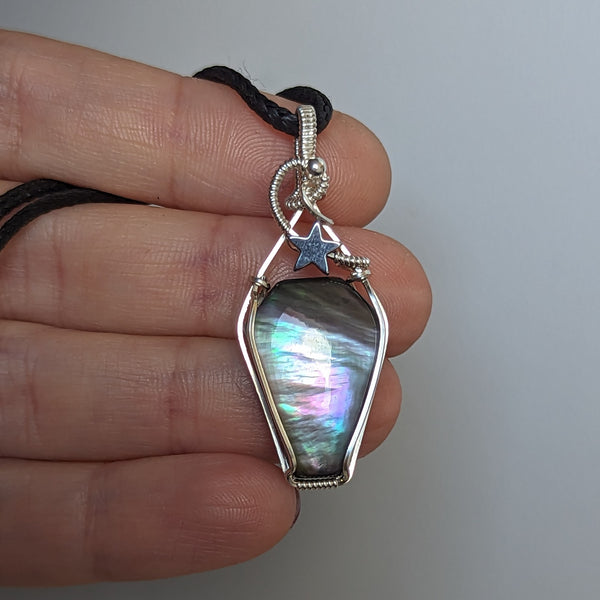 Mother of Pearl Coffin Doublet Wire Wrapped Pendant in Sterling Silver