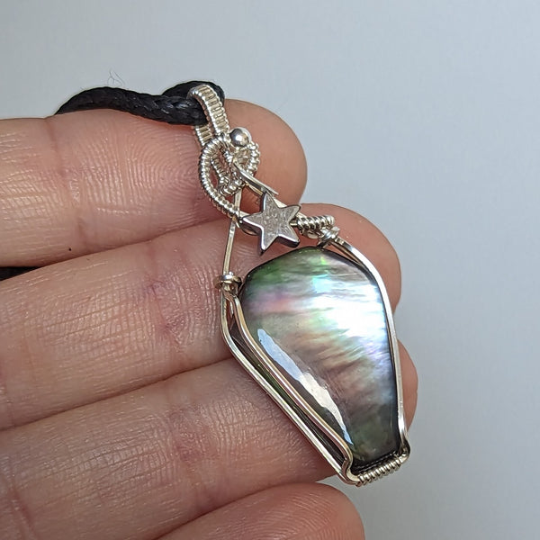 Mother of Pearl Coffin Doublet Wire Wrapped Pendant in Sterling Silver