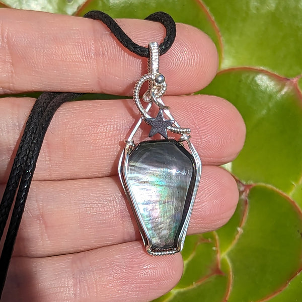 Mother of Pearl Coffin Doublet Wire Wrapped Pendant in Sterling Silver