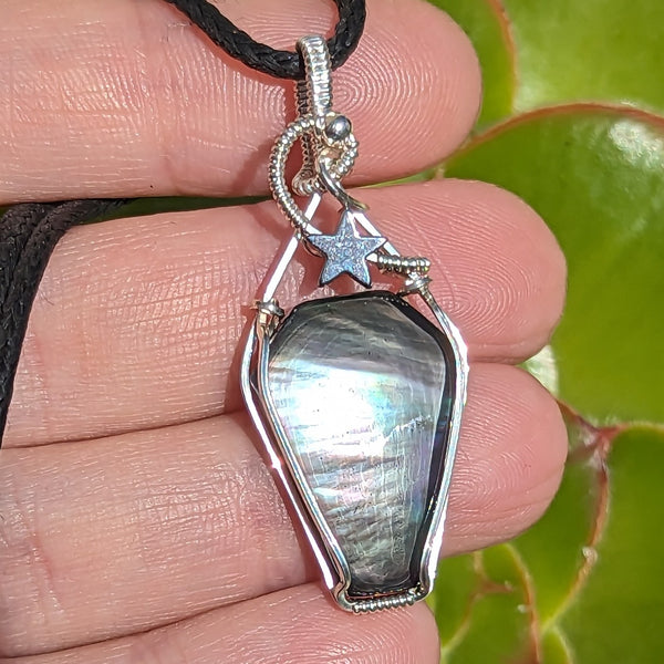 Mother of Pearl Coffin Doublet Wire Wrapped Pendant in Sterling Silver
