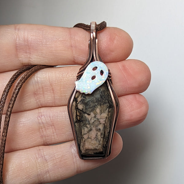 Rhodonite Ghost Coffin Wire Wrapped Oxidized Copper Pendant