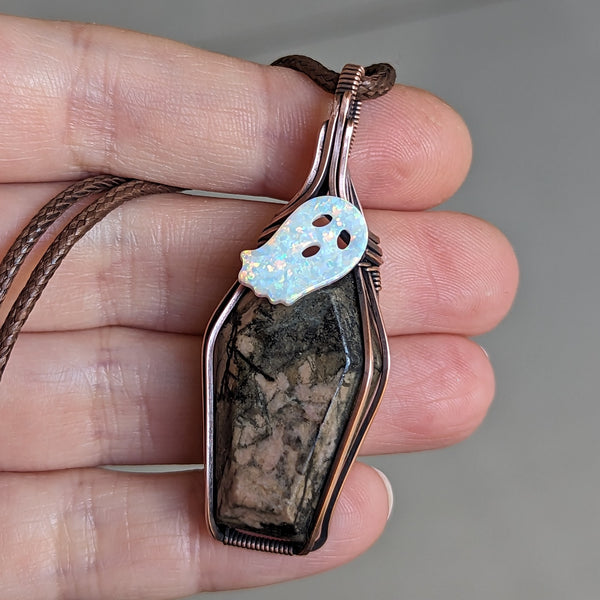 Rhodonite Ghost Coffin Wire Wrapped Oxidized Copper Pendant