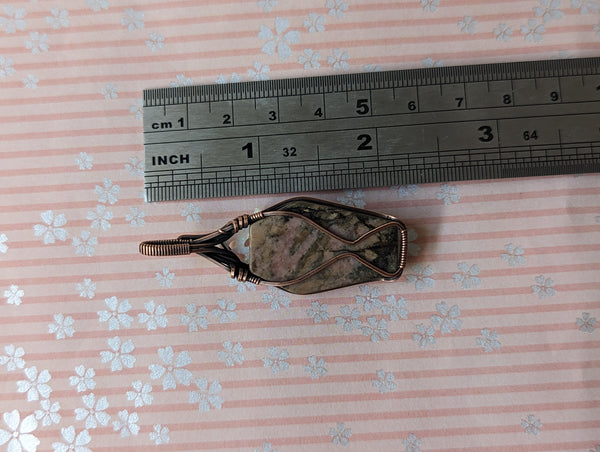 Rhodonite Ghost Coffin Wire Wrapped Oxidized Copper Pendant