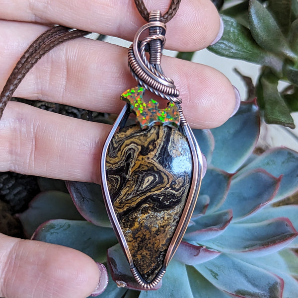 Stromatolite Bat Wire Wrapped Oxidized Copper Pendant