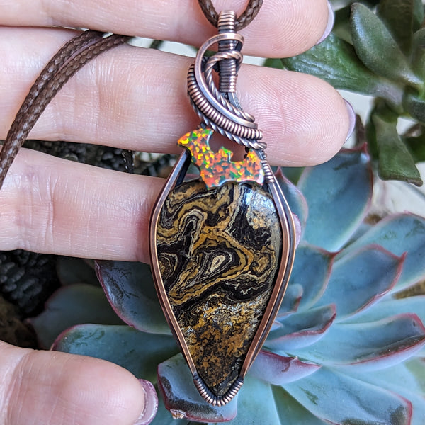 Stromatolite Bat Wire Wrapped Oxidized Copper Pendant