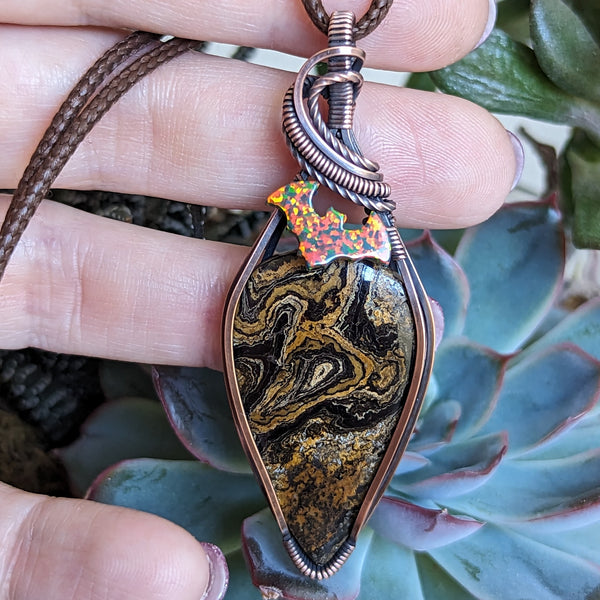 Stromatolite Bat Wire Wrapped Oxidized Copper Pendant