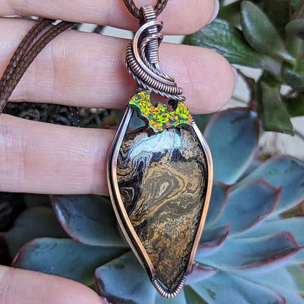 Stromatolite Bat Wire Wrapped Oxidized Copper Pendant