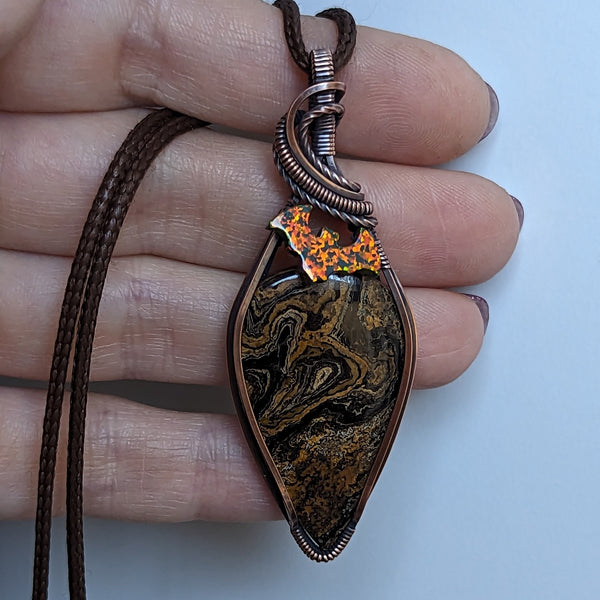 Stromatolite Bat Wire Wrapped Oxidized Copper Pendant