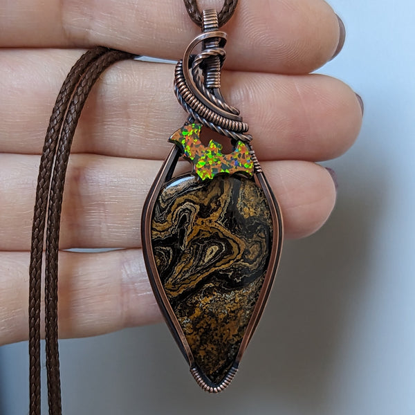 Stromatolite Bat Wire Wrapped Oxidized Copper Pendant