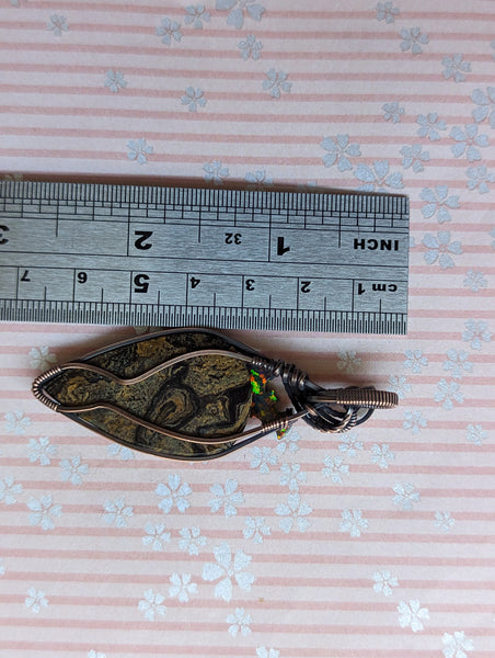 Stromatolite Bat Wire Wrapped Oxidized Copper Pendant