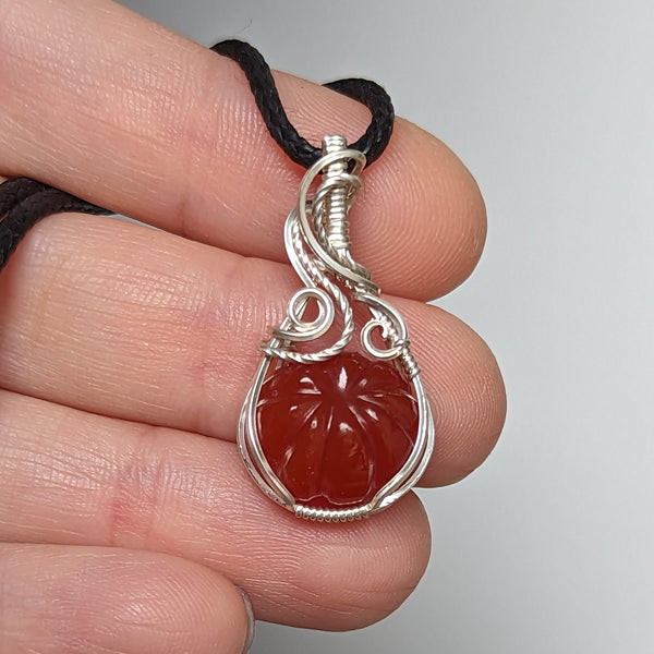 Carnelian Carved Pumpkin Wire Wrapped Sterling Silver Mini Pendant