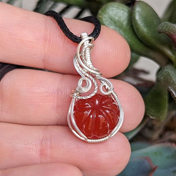Carnelian Carved Pumpkin Wire Wrapped Sterling Silver Mini Pendant