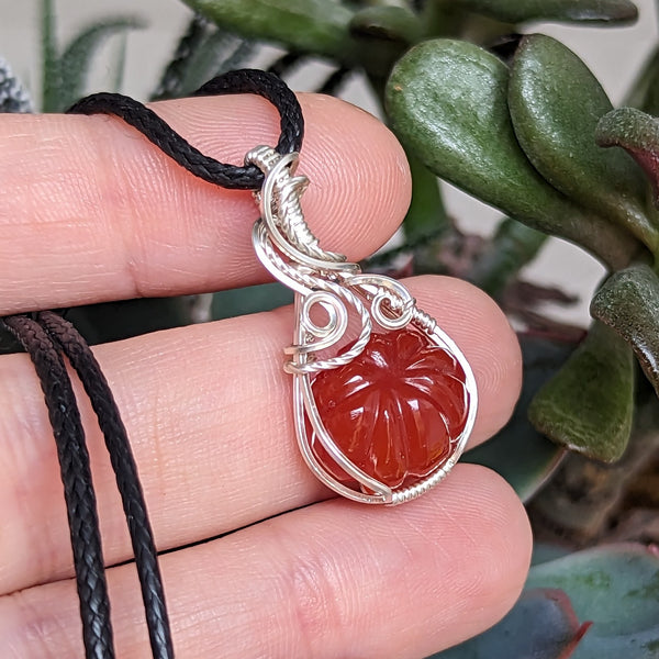 Carnelian Carved Pumpkin Wire Wrapped Sterling Silver Mini Pendant
