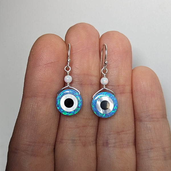 Lab Opal Evil Eye Hook Dangle Earrings in Sterling Silver