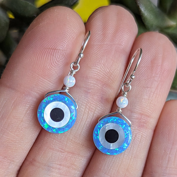 Lab Opal Evil Eye Hook Dangle Earrings in Sterling Silver