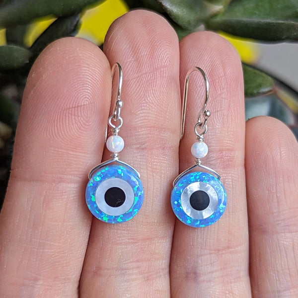 Lab Opal Evil Eye Hook Dangle Earrings in Sterling Silver