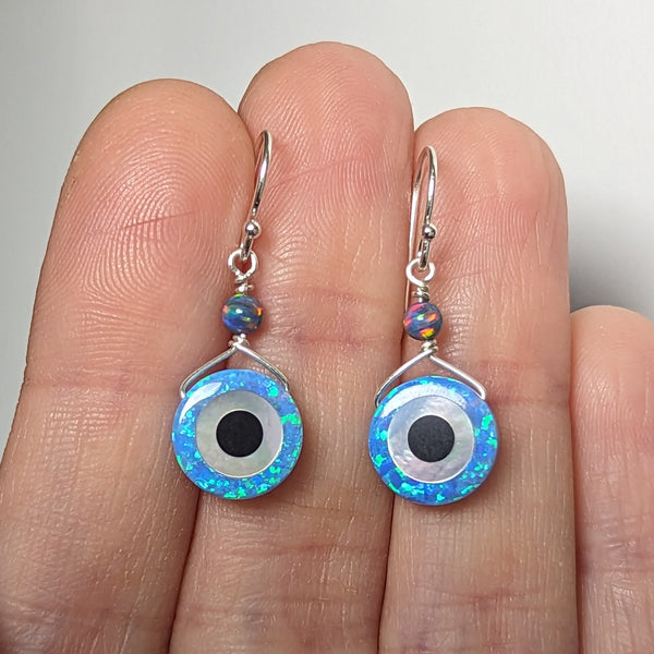 Lab Opal Evil Eye Hook Dangle Earrings in Sterling Silver