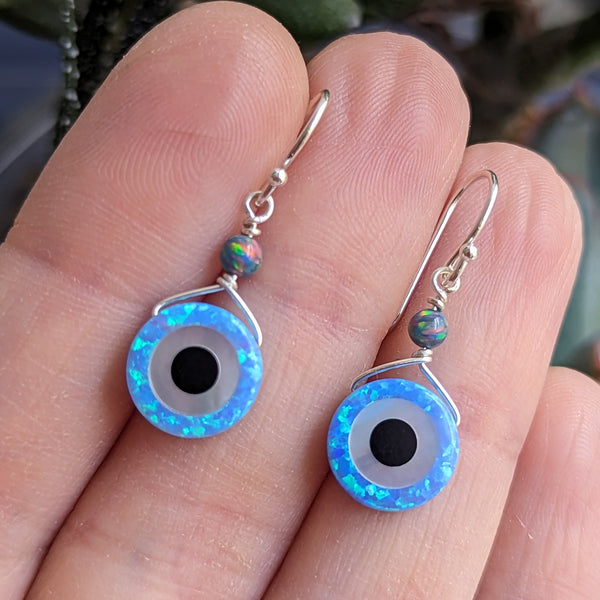 Lab Opal Evil Eye Hook Dangle Earrings in Sterling Silver