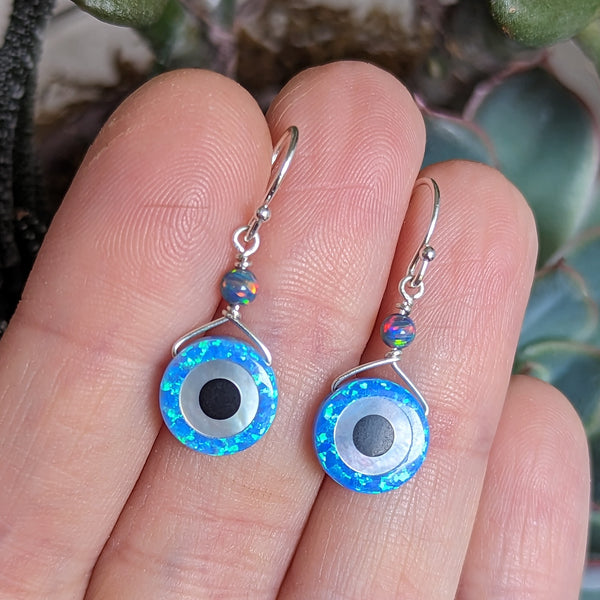 Lab Opal Evil Eye Hook Dangle Earrings in Sterling Silver