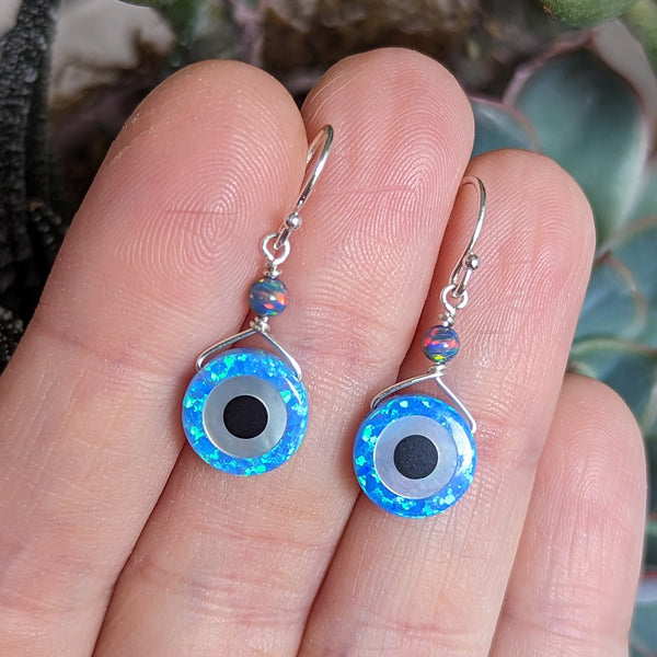 Lab Opal Evil Eye Hook Dangle Earrings in Sterling Silver