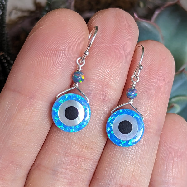 Lab Opal Evil Eye Hook Dangle Earrings in Sterling Silver