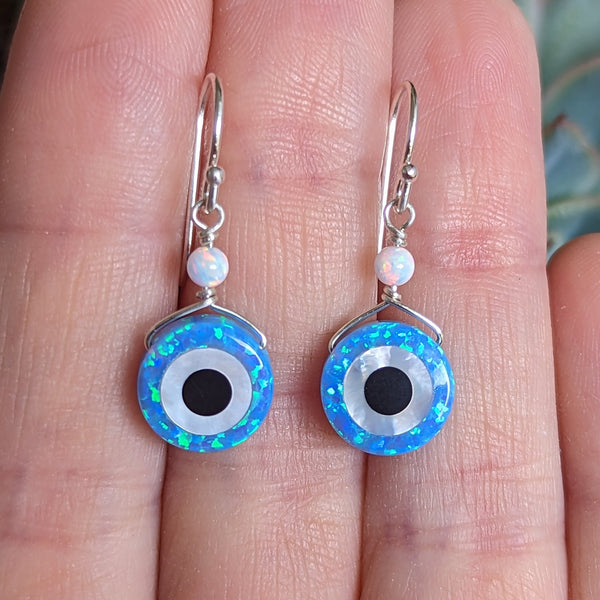Lab Opal Evil Eye Hook Dangle Earrings in Sterling Silver