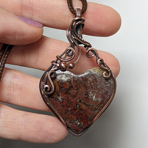 Moss Agate Heart Wire Wrapped Oxidized Copper Pendant