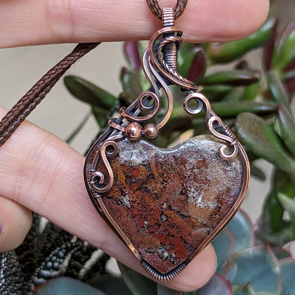 Moss Agate Heart Wire Wrapped Oxidized Copper Pendant