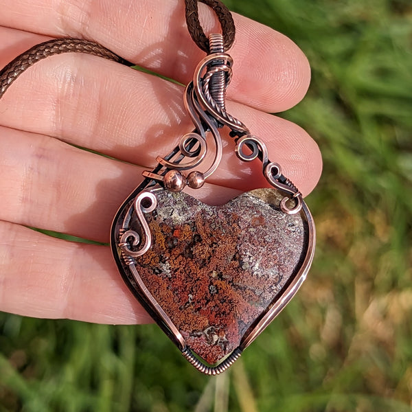 Moss Agate Heart Wire Wrapped Oxidized Copper Pendant
