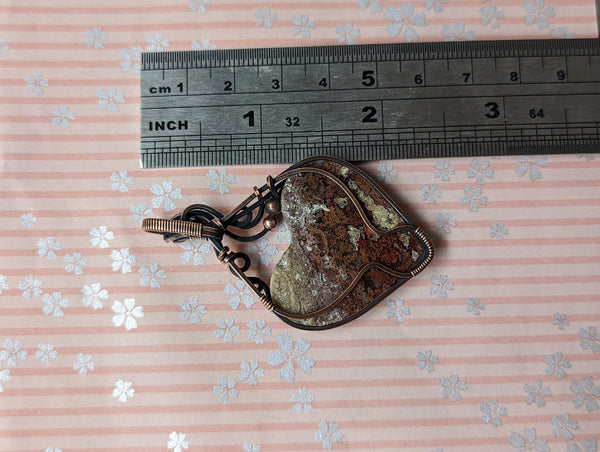 Moss Agate Heart Wire Wrapped Oxidized Copper Pendant