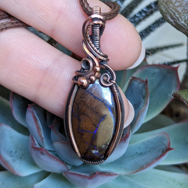 Australian Boulder Opal Wire Wrapped Oxidized Copper Pendant
