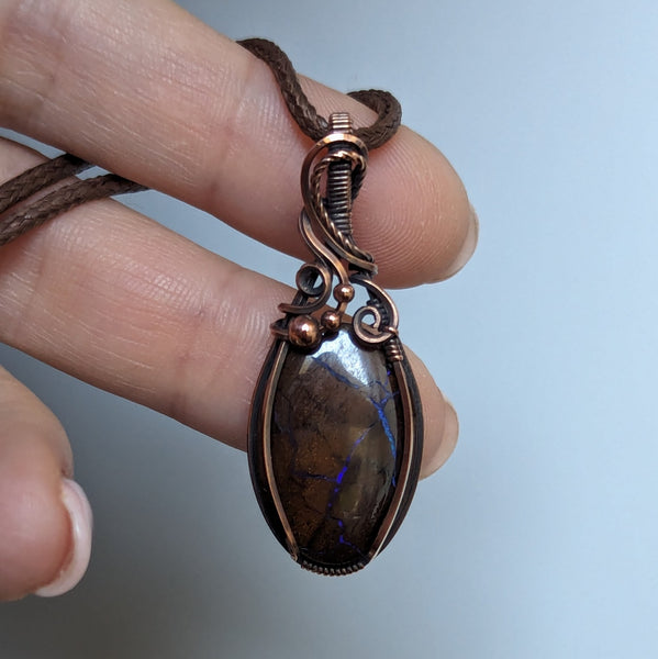 Australian Boulder Opal Wire Wrapped Oxidized Copper Pendant