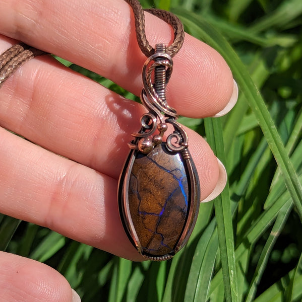 Australian Boulder Opal Wire Wrapped Oxidized Copper Pendant