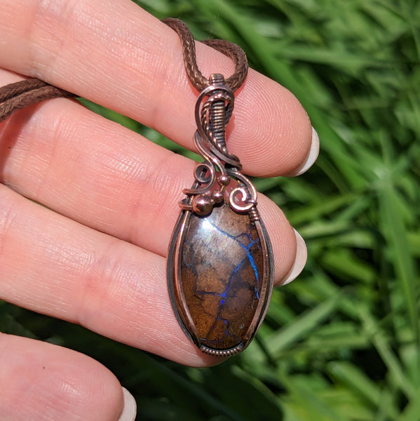 Australian Boulder Opal Wire Wrapped Oxidized Copper Pendant