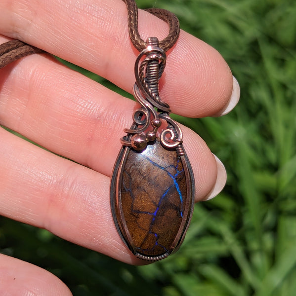 Australian Boulder Opal Wire Wrapped Oxidized Copper Pendant
