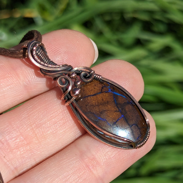Australian Boulder Opal Wire Wrapped Oxidized Copper Pendant