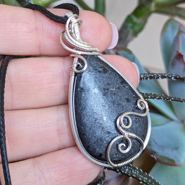 Black Mica Wire Wrapped Sterling Silver Pendant