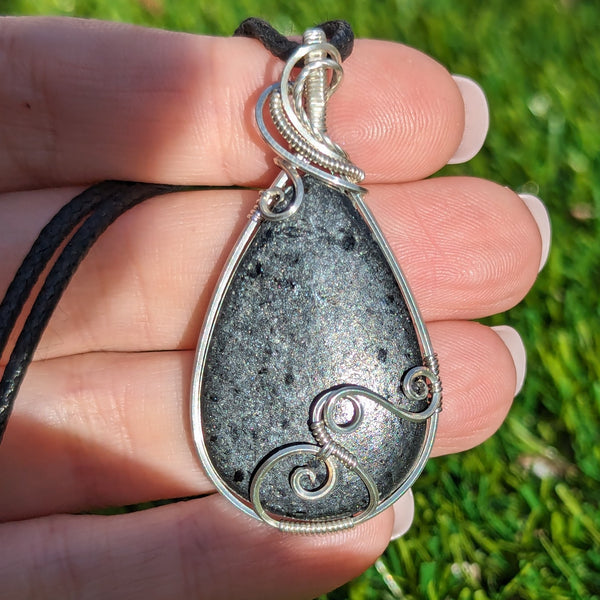Black Mica Wire Wrapped Sterling Silver Pendant