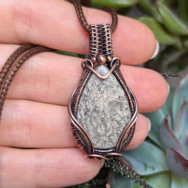 Plume Agate Wire Wrapped Woven Pendant in Oxidized Copper