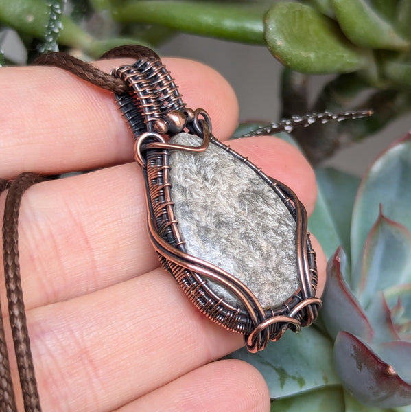 Plume Agate Wire Wrapped Woven Pendant in Oxidized Copper