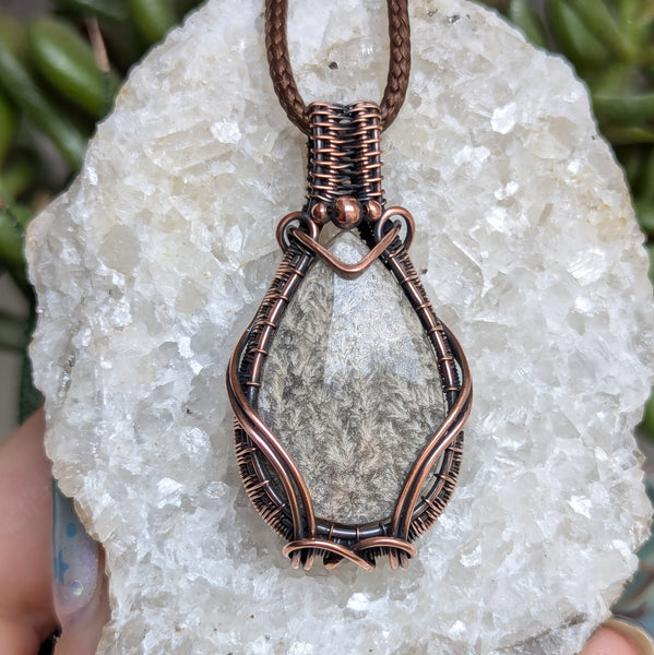Plume Agate Wire Wrapped Woven Pendant in Oxidized Copper