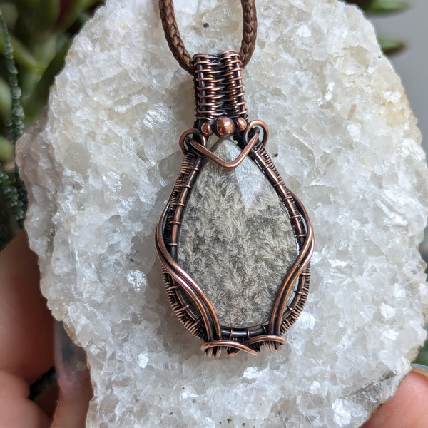 Plume Agate Wire Wrapped Woven Pendant in Oxidized Copper