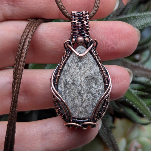 Plume Agate Wire Wrapped Woven Pendant in Oxidized Copper