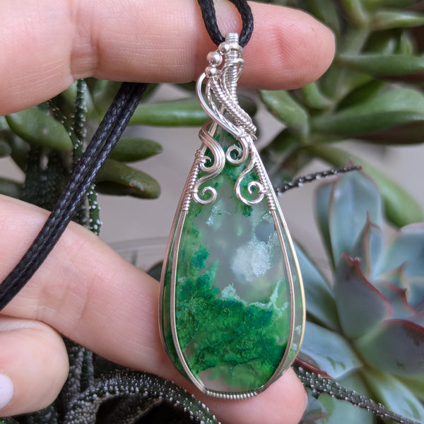 Dyed Moss Agate Wire Wrapped Sterling Silver Pendant