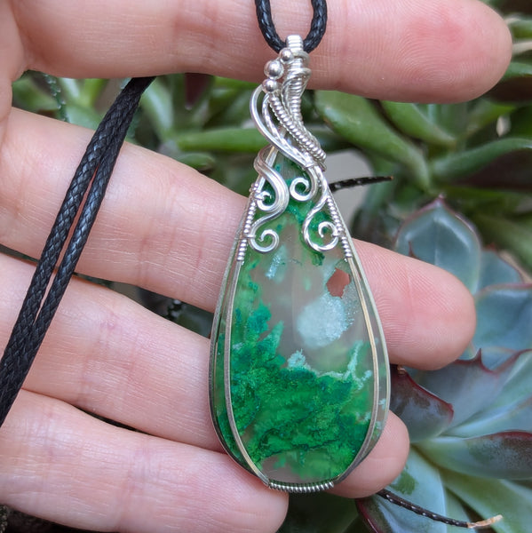 Dyed Moss Agate Wire Wrapped Sterling Silver Pendant