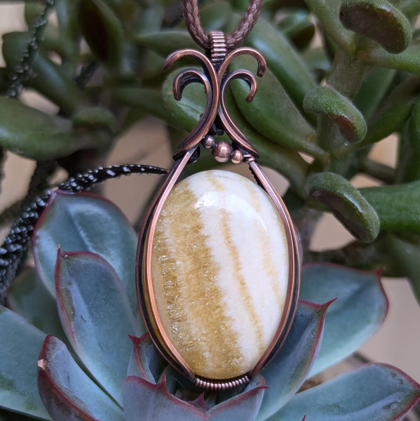 Yellow Calcite Wire Wrapped Pendant in Oxidized Copper